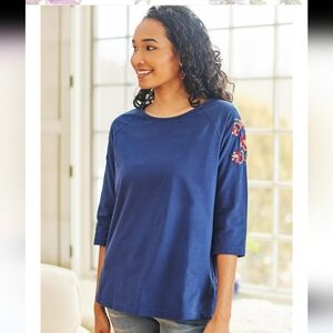 April Cornell Navy Tapestry T-shirt Cotton Embroidered New Tags Size Medium
